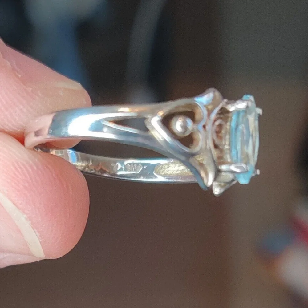 Sterling Silver 925 Blue Oval Topaz December Birthstone Ring Double Heart Size 7